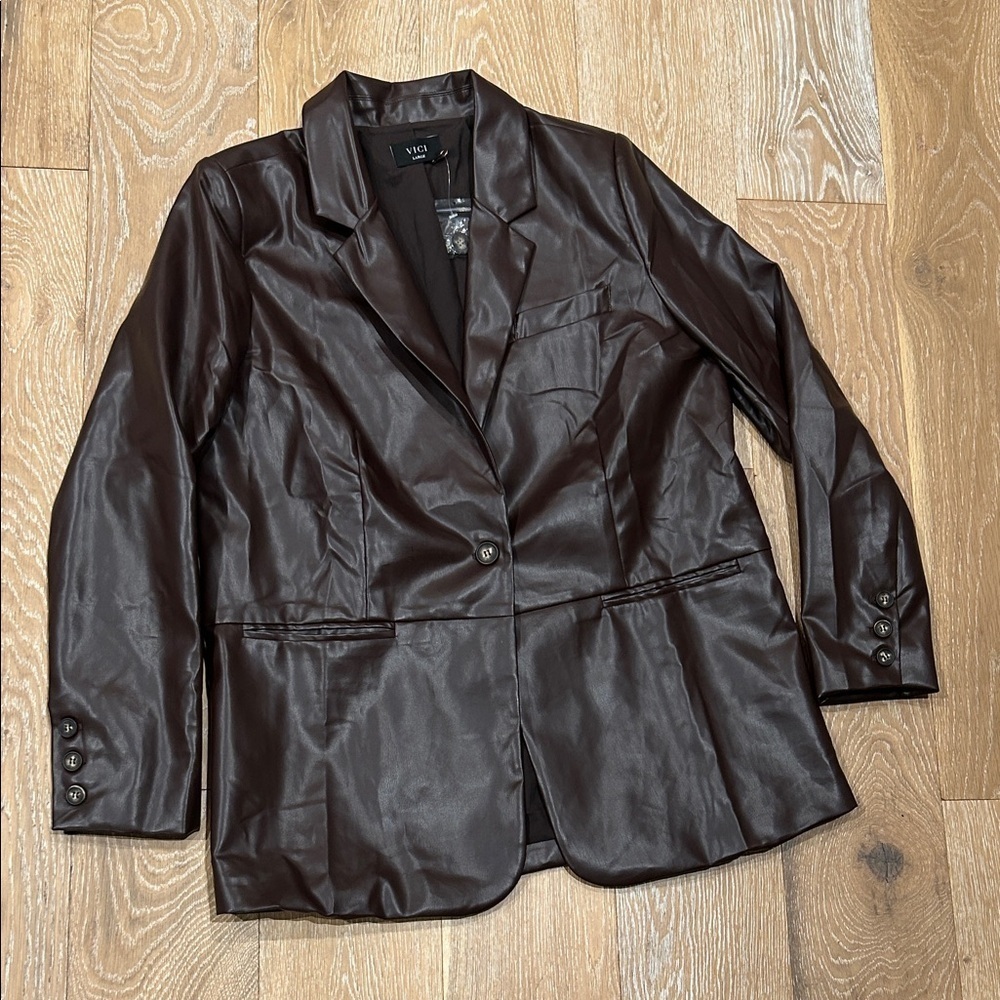 NEW VICI Dark Brown Faux Leather Blazer Jacket